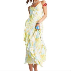 Topshop Dress Abstract Floral Satin Slip Maxi Dress New With Tag Size 4 Yellow
